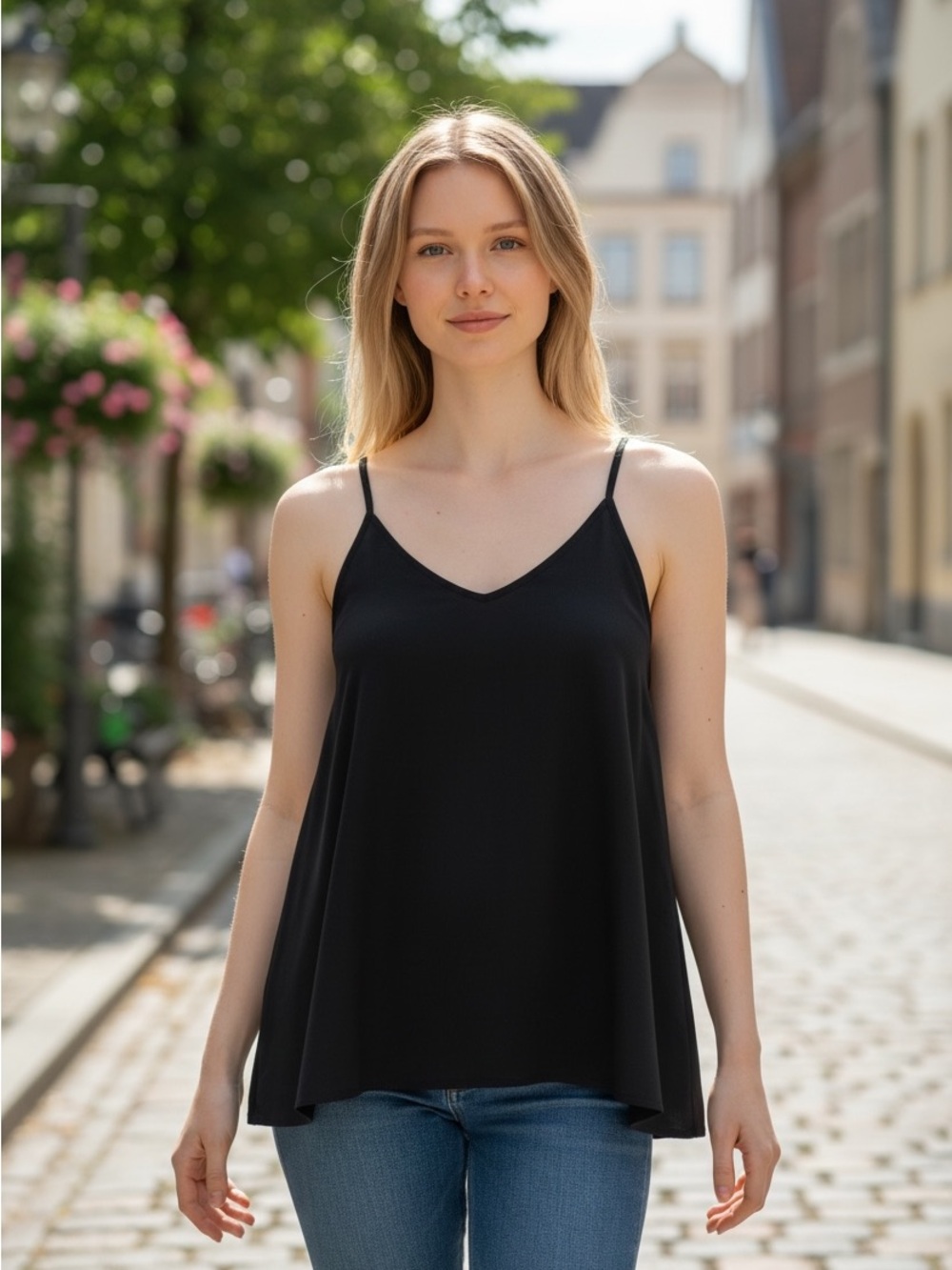ESQUALO Black V-Neck Spaghetti Strap Tank